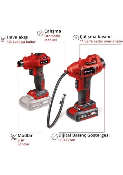 Akülü Araç Hava Kompresörü Ce-Cc 18 Li + Akülü Hava Pompası Ce-Ap 18 Li Power X-Change Set (18 V, Aksesuarlar Dahil, 1x 2.0 Ah Akü ve Şarj Cihazı Dahil)