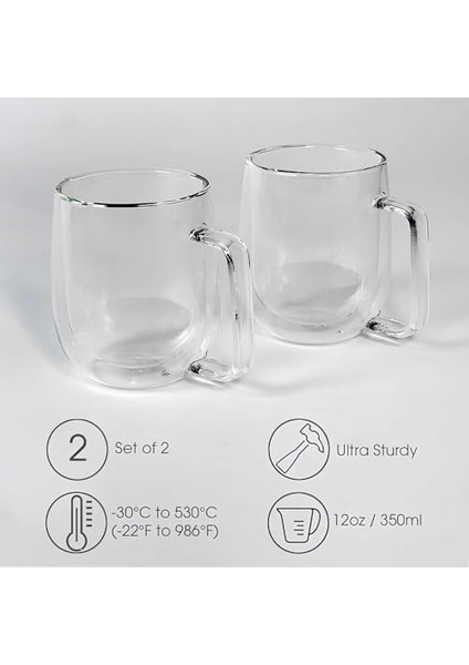 Çift Camlı Çift Cidarlı Cam Kupa Ev Ofis Fincanı Çift Katlı Isı Yalıtımlı Kulplu Cam Bardak (2 Adet Helsinki 250 Ml)