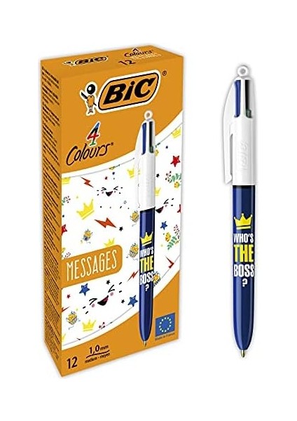 4 Colours Message Tükenmez Kalem 12'li Kutu, 1.0mm Uç, Tek Kalemde Mavi, Kırmızı, Yeşil ve Siyah Renkler