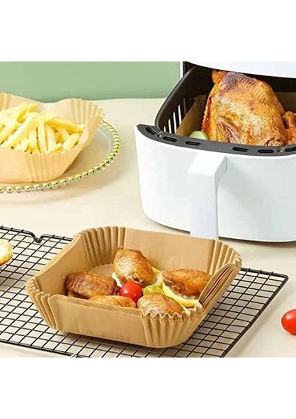 Menashop 50 Adet Air Fryer Pişirme Kağıdı Tek Kullanımlık Hava Fritöz Yağ Geçirmez Yapışmaz Gıda Pişirme Kağıdı Kare Tabak Model
