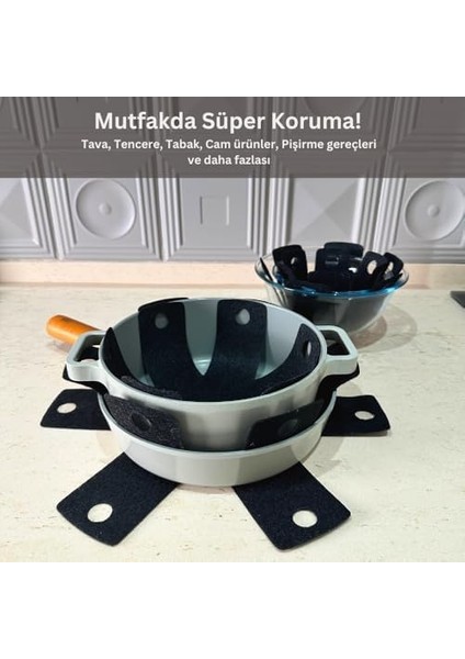 12 Adet Tencere Tava Koruyucu Düzenleyici Çizilme Önleyici Set Siyah