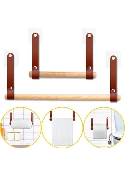Yapışkanlı Ahşap & Deri Tuvalet Kağıtlığı | Banyo Kağıt Havluluk, Havlu Peçetelik | Wc Kağıtlık, Dolap Altı Kağıt Havlu Askısı (Kahve, 2' Li Set [kağıt Havluluk & Tuvalet Kağıtlığı])