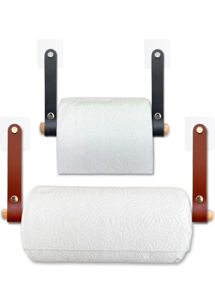 Yapışkanlı Ahşap & Deri Tuvalet Kağıtlığı | Banyo Kağıt Havluluk, Havlu Peçetelik | Wc Kağıtlık, Dolap Altı Kağıt Havlu Askısı (Siyah & Kahve, 2' Li Set [kağıt Havluluk & Tuvalet Kağıtlığı])
