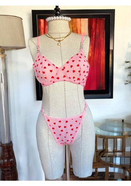 Özel Seri Love Pembe Kalpli Bralet Sütyen& Tanga Iç Çamaşır Takım