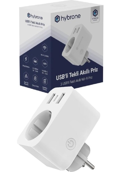 USB ve Type-C Girişli Akım Korumalı Wi-Fi Akıllı Priz, Adaptör, 16 Amper, Enerji İzleme, Çocuk Kilidi, Uygulama ile Uzaktan Kontrol