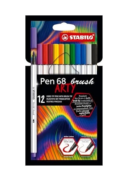 Pen 68 Brush Arty - Premium Keçeli Kalem - 12'li Paket - Çeşitli Renkler