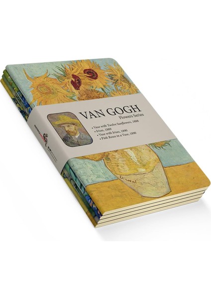 Flowers Series - A5, Van Gogh 4'lü Defter Seti Iıı, Çizgisiz, Toplam 256 Sayfa, Her Biri 64 Sayfa, Tel Dikiş, Esnek Kapak, Oval Kenar, Tuval Doku, 60 Gram, Sarı Krem Renk
