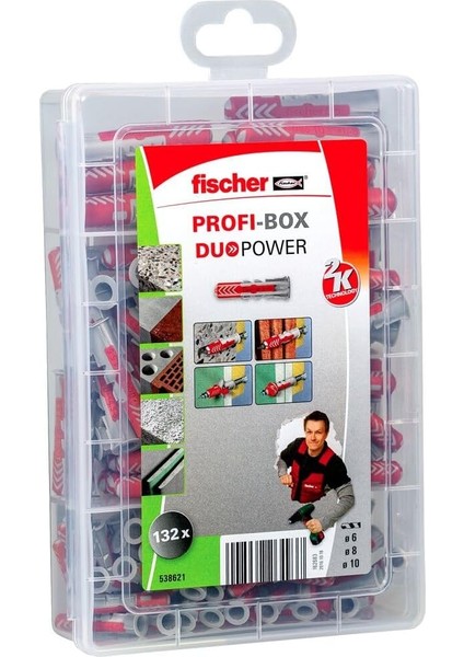 Profı-Box Duopower, 132 Dübelli Dübel Kutusu (60 Adet 6 x 30, 60 Adet 8 x 40, 12 Adet 10 x 50), Evrensel Dübel, Pratik Set, Amatör ve Profesyoneller Için Dübel Kutusu, Vidasız