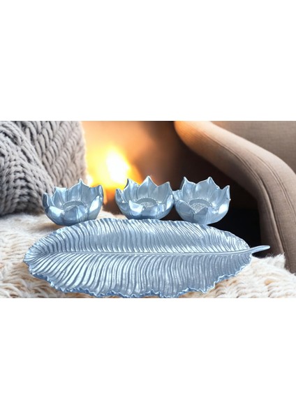 (17 cm -36 cm Tabak Ebatı)-(Mumluk Ebat 10 cm -15 cm )- Kırılmaz Polyester,3 Lü Mumluk Biblo