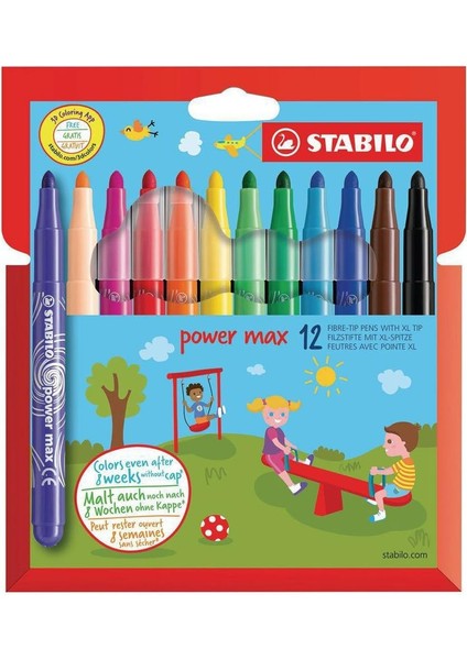 Power Max - Keçe Uçlu Boya Kalemi - 12'li Kutu - Çeşitli Renkler