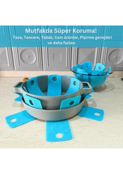 12 Adet Tencere Tava Koruyucu Düzenleyici Çizilme Önleyici Set Turkuaz