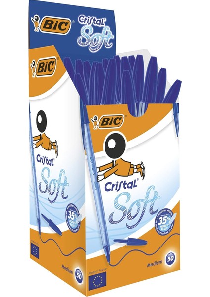 Cristal Soft Tükenmez Kalem, Mavi, 50'li Kutu, 1.2 mm Orta Kalınlıkta Uç, Şeffaf Gövde, Delikli Kapak