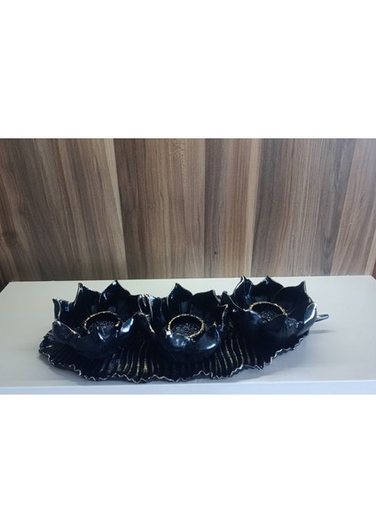 (17 cm -36 cm Tabak Ebatı)-(Mumluk Ebat 10 cm -15 cm )- Kırılmaz Polyester,3 Lü Mumluk Biblo
