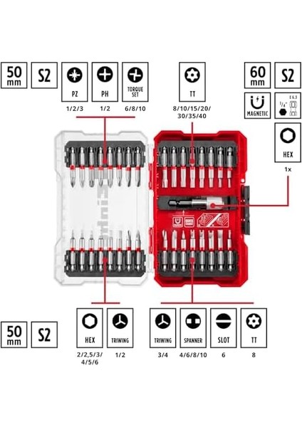 M-Case 33 Parça Uç Seti (50MM S2 Uçlara Sahip Akülü Vidalamalar ve Elektrikli Matkaplar Için, Uç Tutucu, Saklama Kutusu Dahil), 118903, Kırmızı