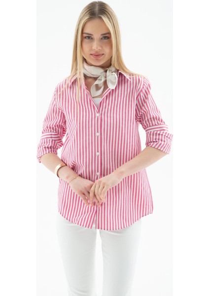 Oversize Çizgili Gömlek Pembe
