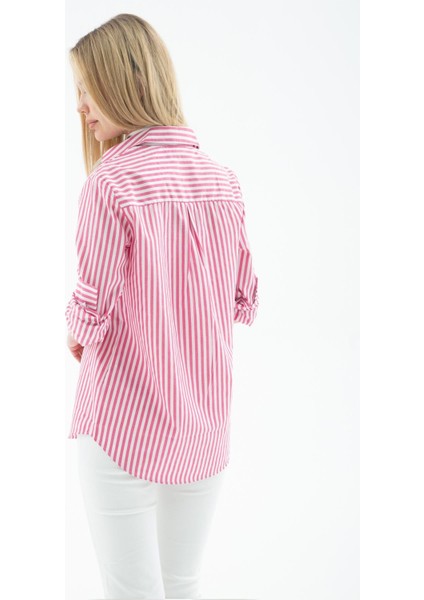 Oversize Çizgili Gömlek Pembe modelleri