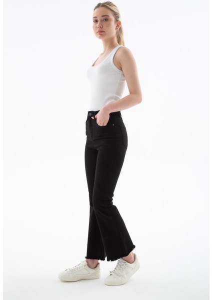 Yüksel Bel Ispanyol Paça Esnek Crop Flare Denim Pantolon Siyah fiyatları