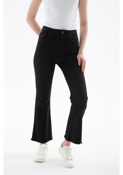 Yüksel Bel Ispanyol Paça Esnek Crop Flare Denim Pantolon Siyah fırsatları