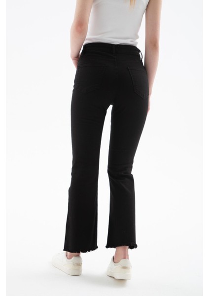 Yüksel Bel Ispanyol Paça Esnek Crop Flare Denim Pantolon Siyah indirimleri
