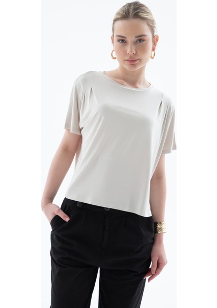 Dökümlü Viskon Crop Bluz Taş