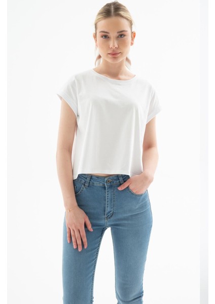 Kısa Kollu Crop %100 Pamuklu Tişört Beyaz modelleri