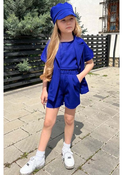 Kız Çocuk Kolsuz Penye Bluz Kısa Kollu Blazer Ceket Şapkalı Saks Mavisi Şortlu Takım