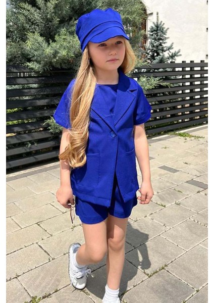 Kız Çocuk Kolsuz Penye Bluz Kısa Kollu Blazer Ceket Şapkalı Saks Mavisi Şortlu Takım