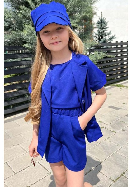 Kız Çocuk Kolsuz Penye Bluz Kısa Kollu Blazer Ceket Şapkalı Saks Mavisi Şortlu Takım