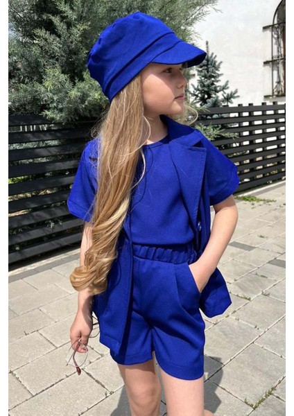 Kız Çocuk Kolsuz Penye Bluz Kısa Kollu Blazer Ceket Şapkalı Saks Mavisi Şortlu Takım