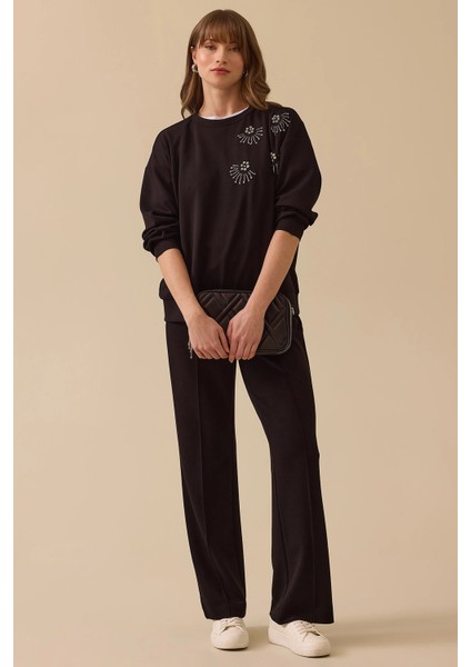 Kadın Yuvarlak Yaka Taş Işlemeli Sweatshirt 0001 Siyah