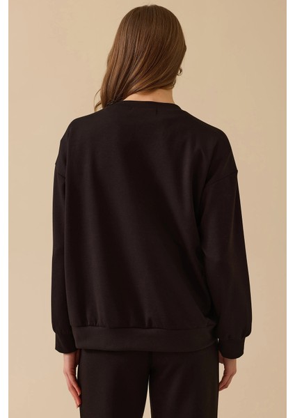 Kadın Yuvarlak Yaka Taş Işlemeli Sweatshirt 0001 Siyah