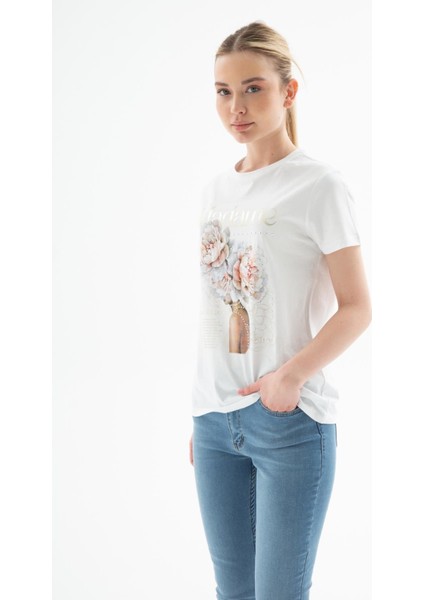 Baskılı %100 Pamuklu Bluz Beyaz