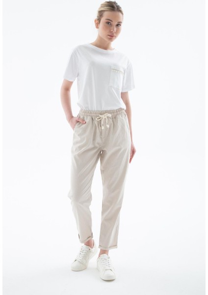 Rahat Lastikli Çizgili Pantolon Bej