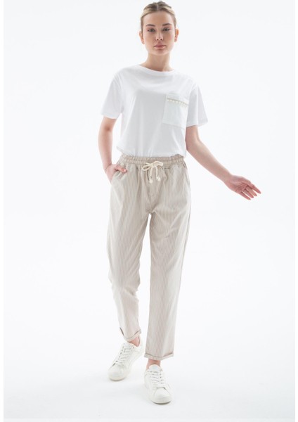 Rahat Lastikli Çizgili Pantolon Bej fırsatları