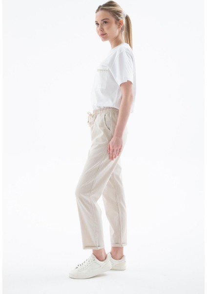 Rahat Lastikli Çizgili Pantolon Bej indirimleri