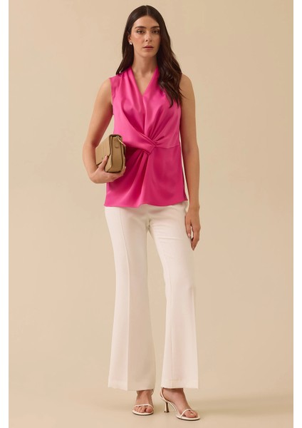 Kadın V Yaka Drapeli Düğüm Detaylı Bluz 0006 Fuşya