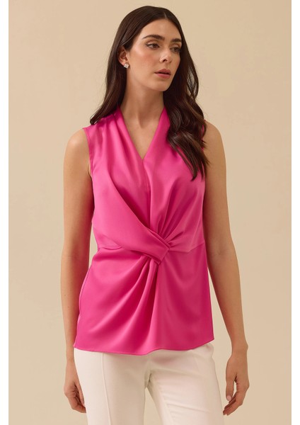 Kadın V Yaka Drapeli Düğüm Detaylı Bluz 0006 Fuşya fiyatları
