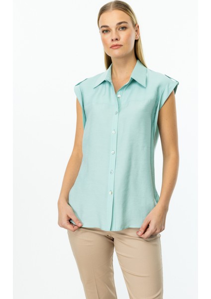 Kadın Omzu Apoletli Düğmeli Bluz 3050 Mint