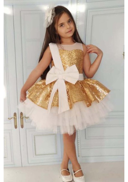 Kız Çocuk Önü ve Arkası Fiyonk Detaylı Üstü Pulpayet Işlemeli Etek Ucu Tüllü Gold Abiye fiyatları