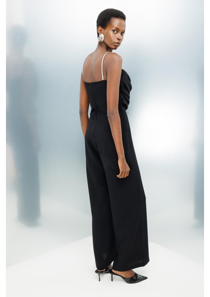 Moda Ilgi Kadın Drape Detaylı Askılı Tulum M06657 Siyah