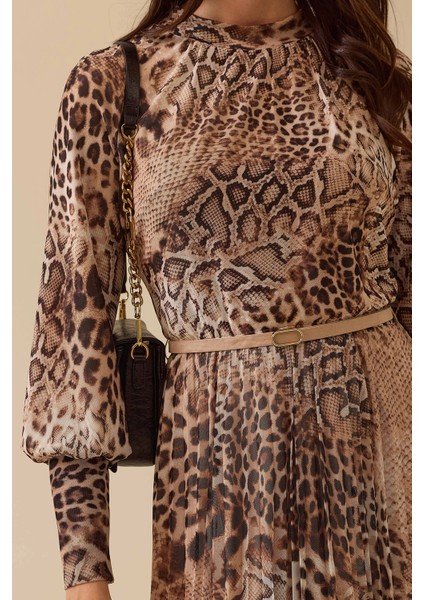Kadın Leopar Desen Kemer Detaylı Maksi Elbise 0025 Camel