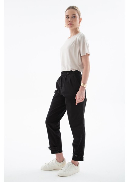 Rahat Yüksel Bel Esnek Paçası Düğme Detaylı Pantolon Siyah