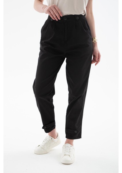 Rahat Yüksel Bel Esnek Paçası Düğme Detaylı Pantolon Siyah modelleri