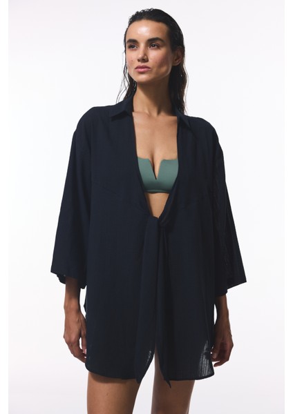 Siyah Sienna V Yaka Midi Oversize Gömlek