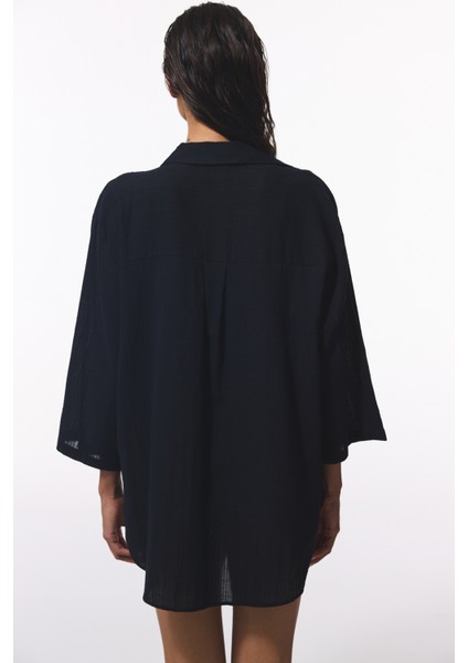 Siyah Sienna V Yaka Midi Oversize Gömlek