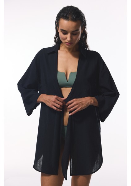 Siyah Sienna V Yaka Midi Oversize Gömlek