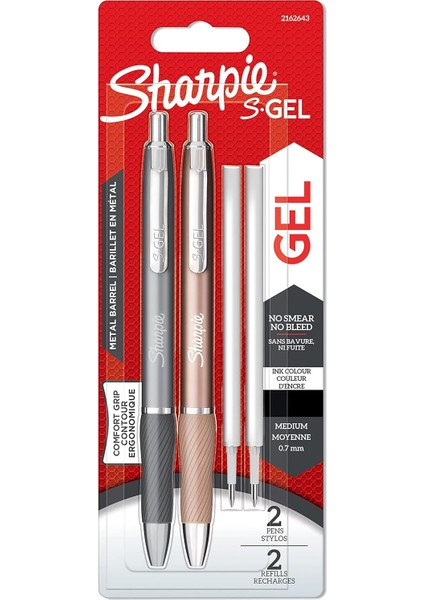 S-Gel Metal Jel Kalem, 0,7 mm Uç, Metal Gri & Bronz 2'li Paket, Siyah Mürekkep