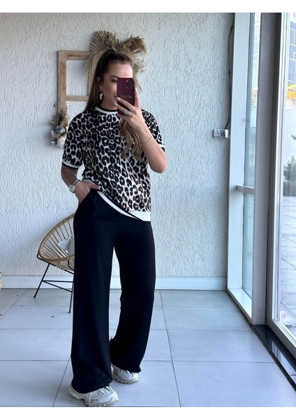 Buketli Kadın Üstü Kısa Kollu Leopar Desenli Pantolonlu Alt -Üst Takım fiyatları