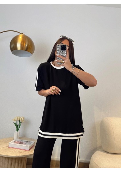 Buketli Kadın Şerit Detaylı Kısa Kol Üstlü Bol Pantolonlu Ikili Takım fiyatları