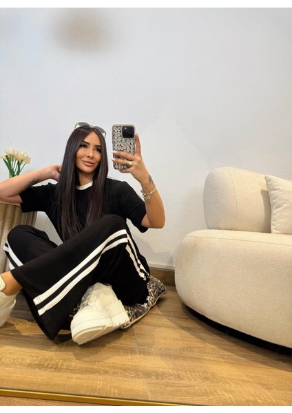 Buketli Kadın Şerit Detaylı Kısa Kol Üstlü Bol Pantolonlu Ikili Takım modelleri